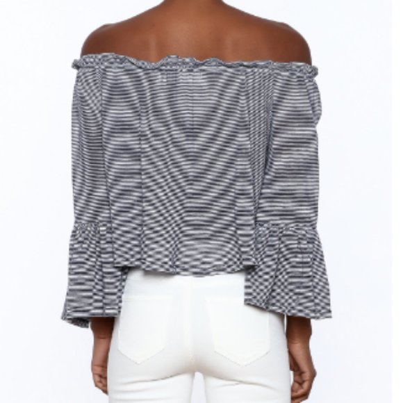 🌼 Vintage Havana Navy Stripe Ruffled Off the Shoulder Top S - Picture 2 of 6